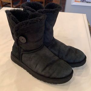 UGG classic side button black round toe leather winter sheepskin boots